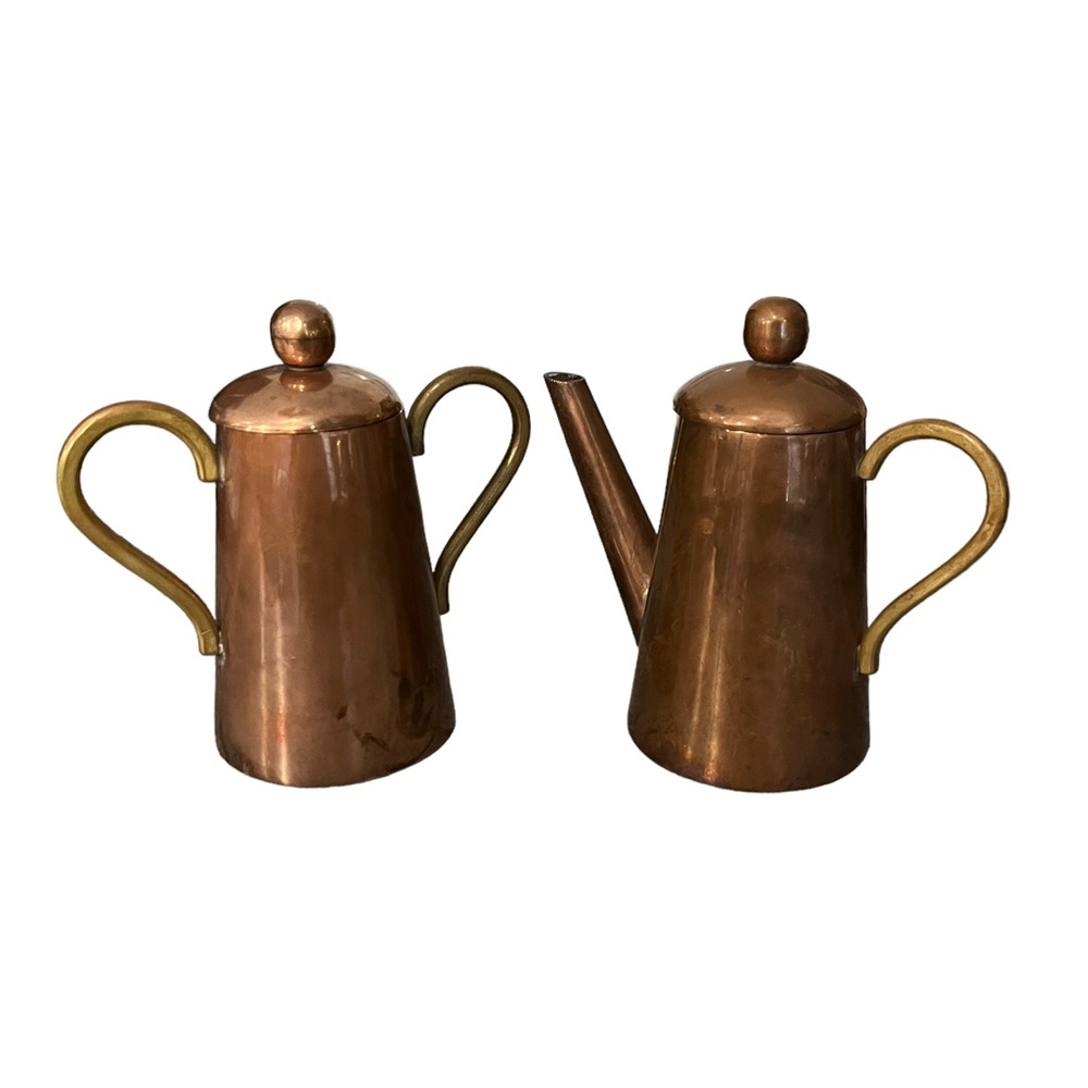 Vintage Hecho En Mexico Copper & Brass Small Pitcher Jug w/ Lids Collectible